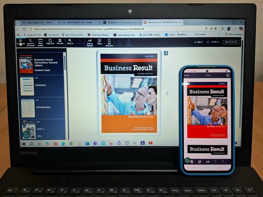 Business Result Elementary Second Edition digital student book displayed on laptop and smartphone via Oxford Learner’s Bookshelf