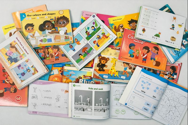 A selection of English kindergarten books showing phonics, literacy, numeracy, and activity-based learning materials for young learners.