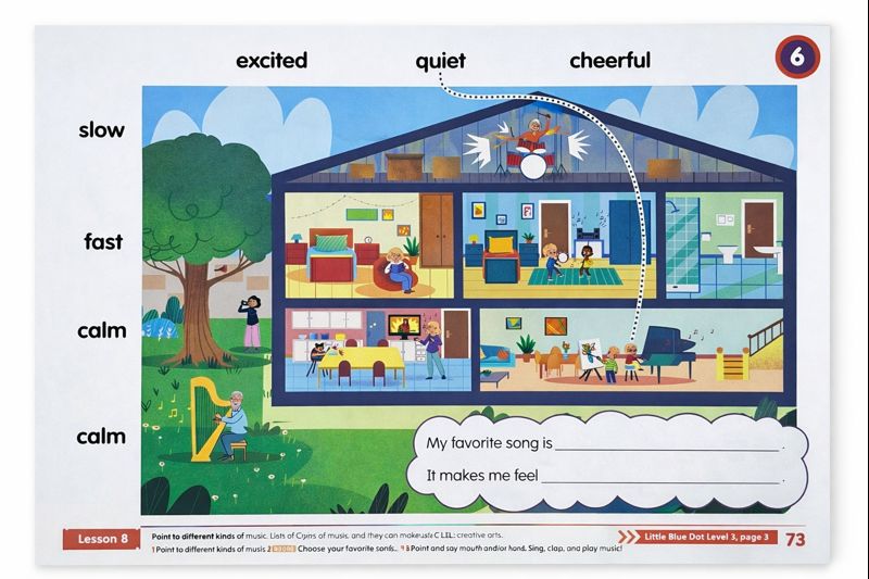 Colorful pictures in an English kindergarten book helping children learn emotions and vocabulary through visual scenes