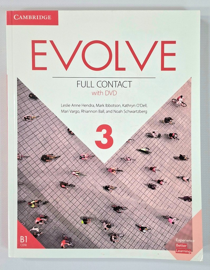 Evolve 3 Full Contact Student Book B1 from Cambridge, showing the book cover with students riding bicycles in a city square