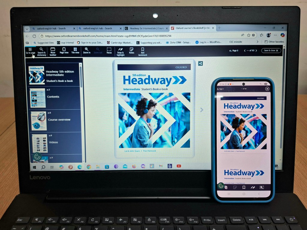 Headway Intermediate 5th Edition digital student book shown on laptop and smartphone using Oxford Learner’s Bookshelf