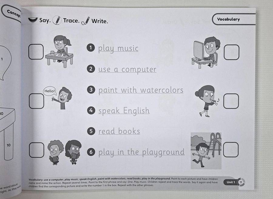Kindergarten English assisted writing activity helping children trace and write words with guided support.