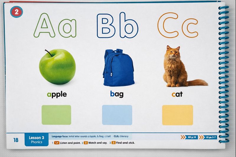 Kindergarten English phonics page teaching letter sounds A, B, and C using familiar objects.