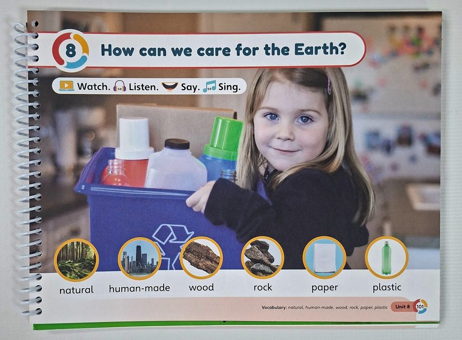 Kindergarten listening activity showing children learning English vocabulary through visual and audio tasks