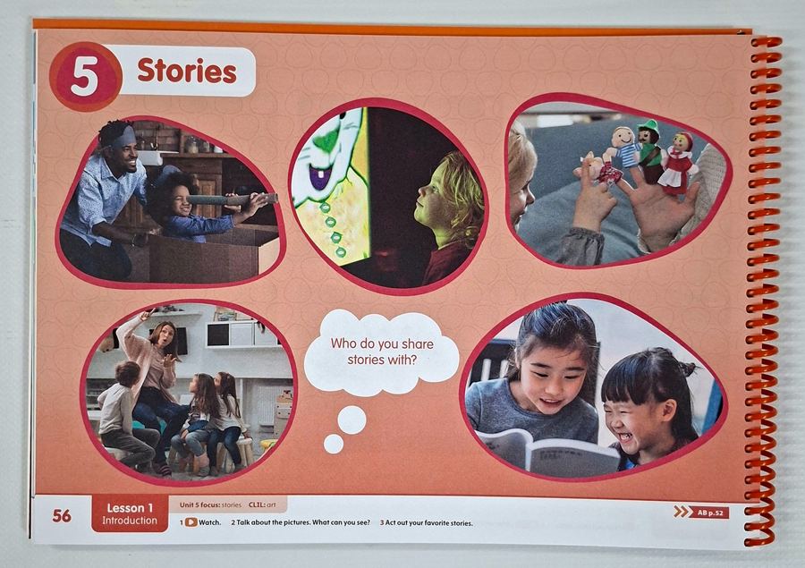 Kindergarten English picture-based learning activity using images to support story understanding and early reading.