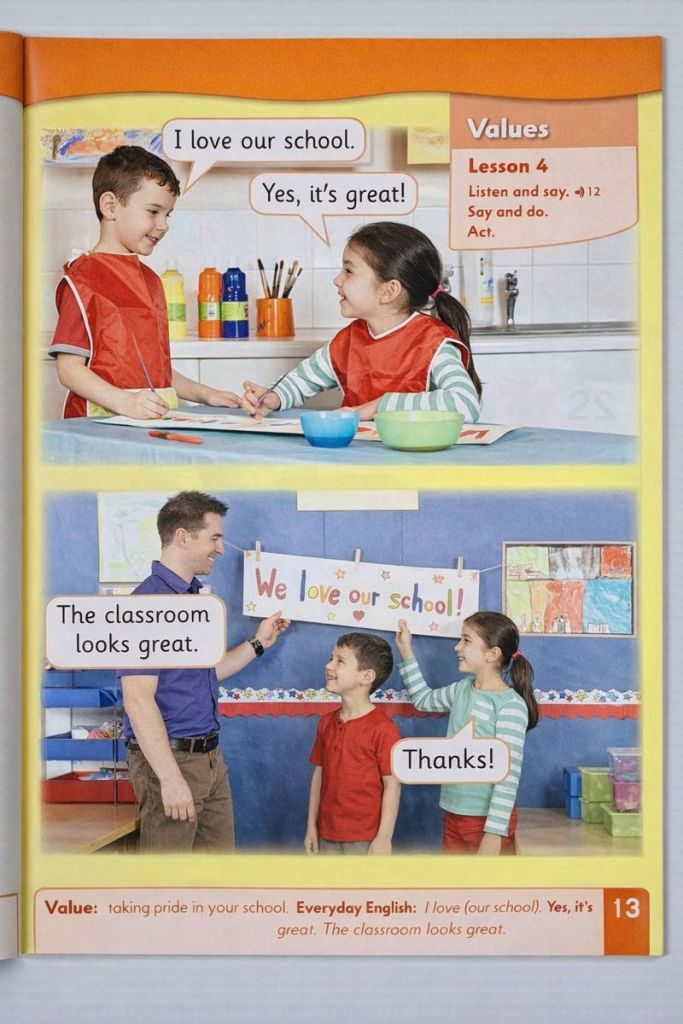 Children learning positive values in a kindergarten English classroom activity