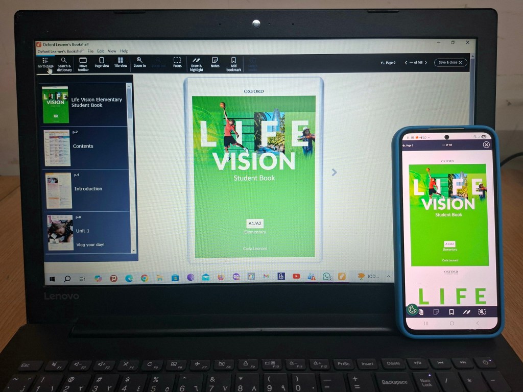 Life Vision Elementary – Oxford secondary English course digital Student Book displayed in the Oxford Learner’s Bookshelf App on laptop and smartphone, photographed at NoureSham Bookshop.
