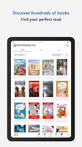 Oxford Reading Club tablet interface displaying a large catalogue of children’s digital books.
