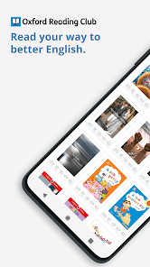Oxford Reading Club app showing book library on smartphone with the slogan “Read your way to better English.”
