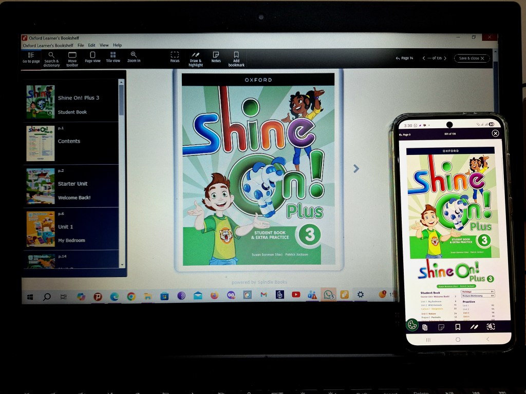 Shine On Plus 3 – Oxford primary English course digital Student Book shown inside the Oxford Learner’s Bookshelf App on a laptop and smartphone, photographed at NoureSham Bookshop.