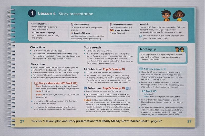 Teacher lesson plan and story presentation page from Ready Steady Grow Teacher Book 1 for kindergarten