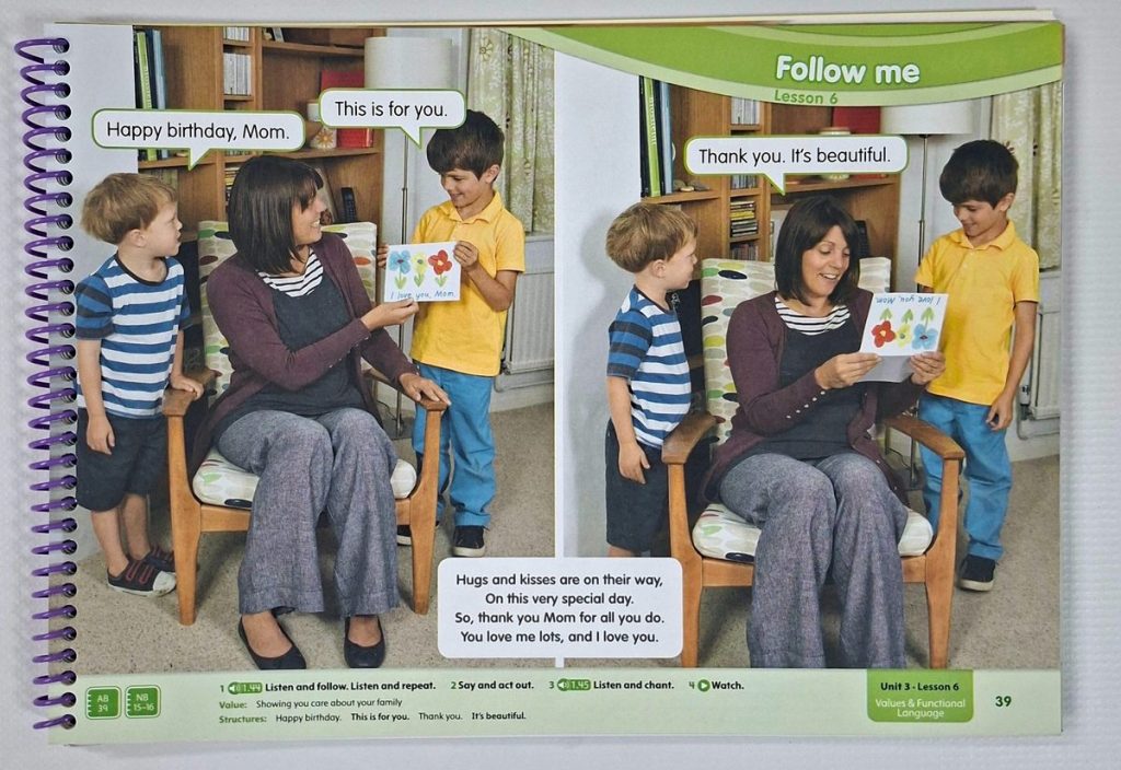 Kindergarten students showing care and family values in a Show and Tell Level 3 English lesson