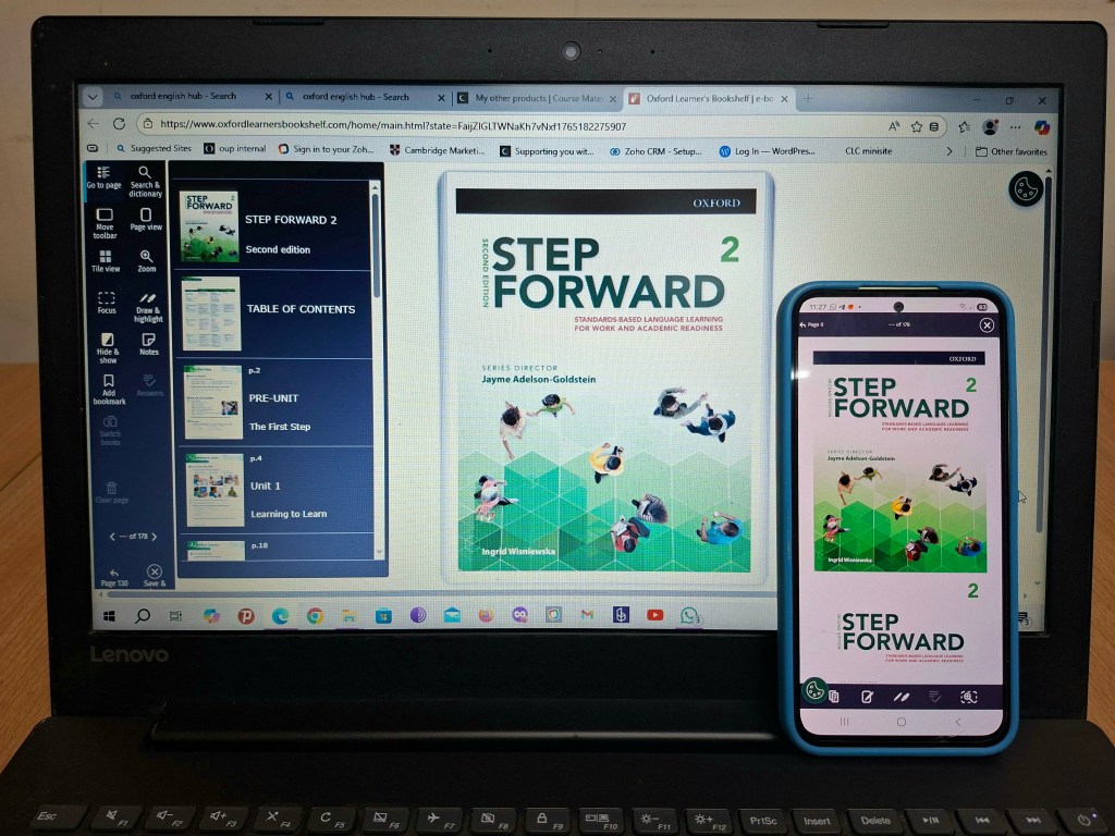 Step Forward 2 Second Edition digital student book shown on laptop and smartphone using Oxford Learner’s Bookshelf