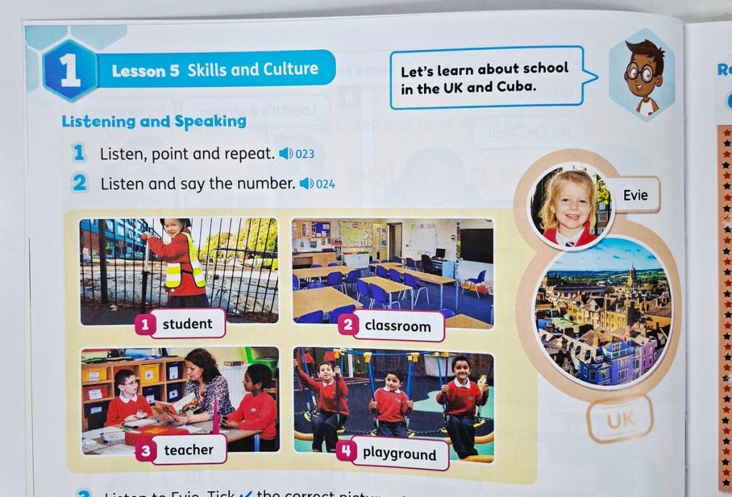 Cultural awareness lesson showing school life in the UK from Beehive Level 1 Student Book, including students, classroom, teacher, and playground.