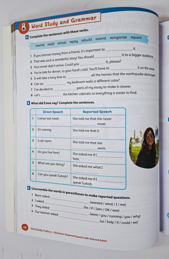 Primary ELT grammar activity on reported speech from Blue Dot 5 workbook, showing exercises on told and asked forms for upper primary students
