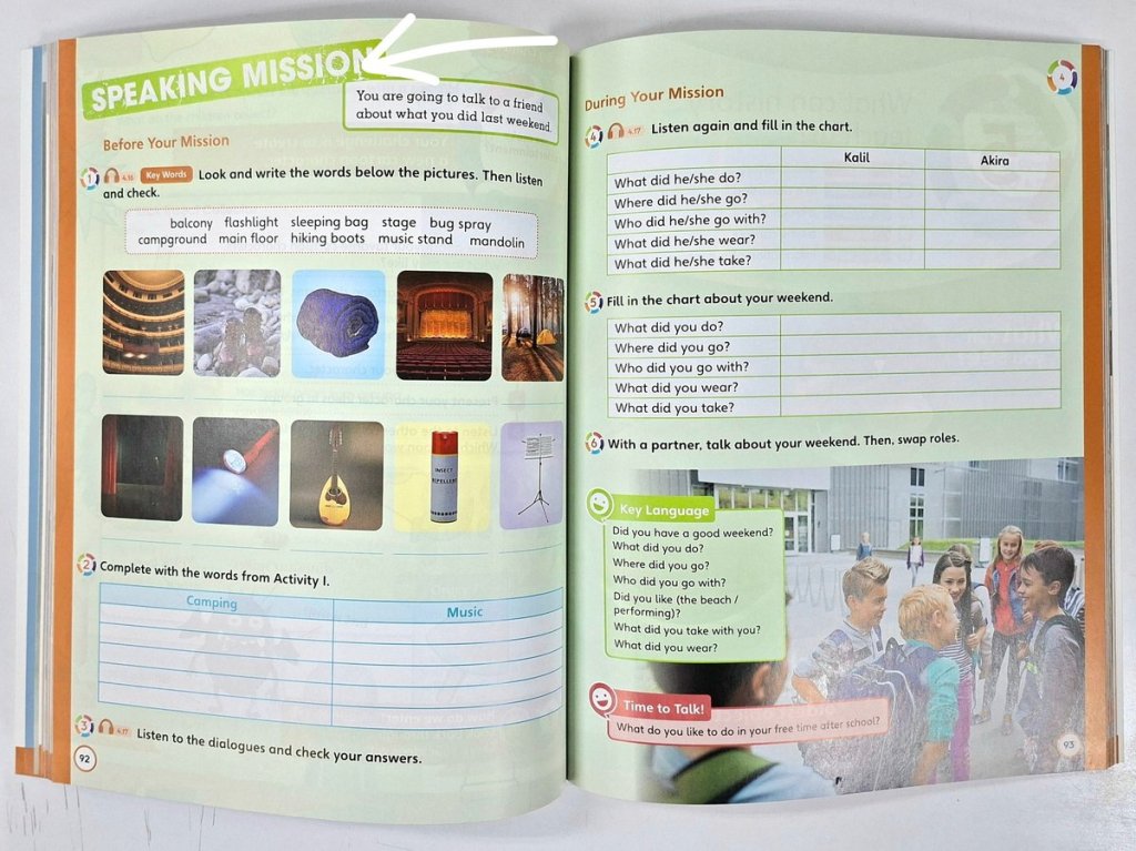 Cambridge Primary Path Student Book 4 page 92 showing a speaking mission where learners prepare, read prompts, and discuss past experiences.
