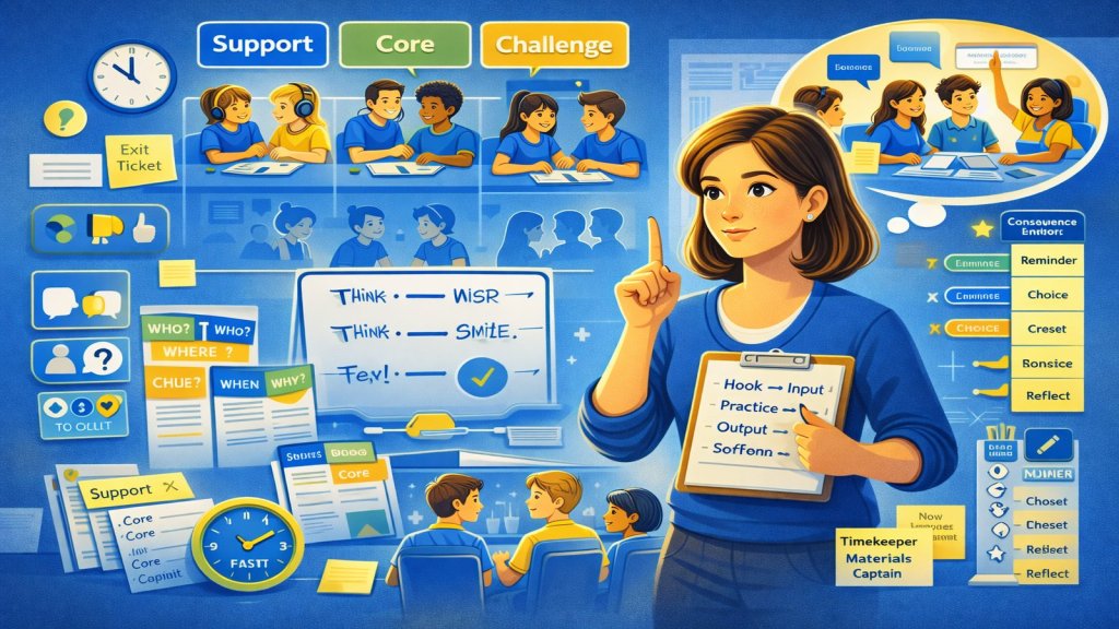 English teacher using effective classroom management strategies in a structured ELT classroom with clear routines, student engagement, and positive discipline