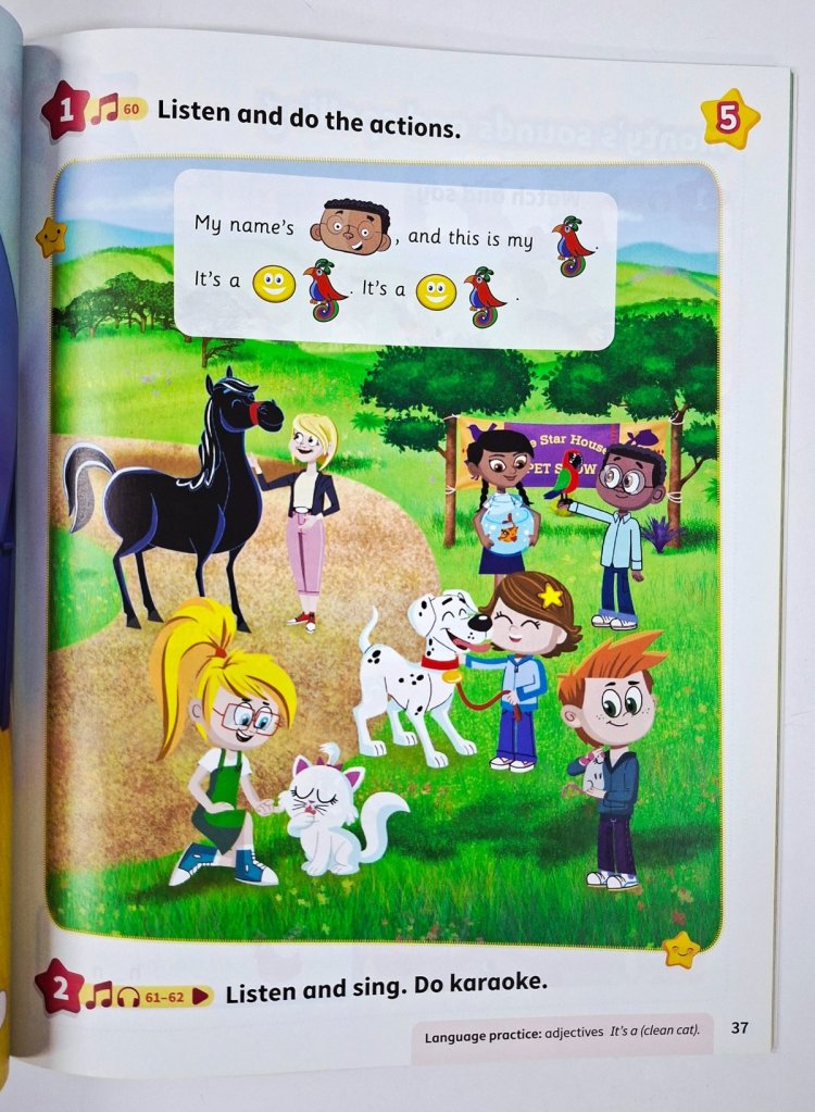 Fun listening and action activity from Kids Box Level 1 student book showing children interacting with animals while learning English through songs and movement