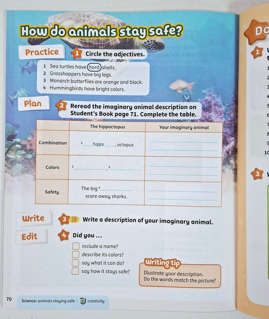 Kids Box New Generation Level 3 Workbook page 70 showing a guided writing activity where learners plan, write, and edit a description of an imaginary animal.