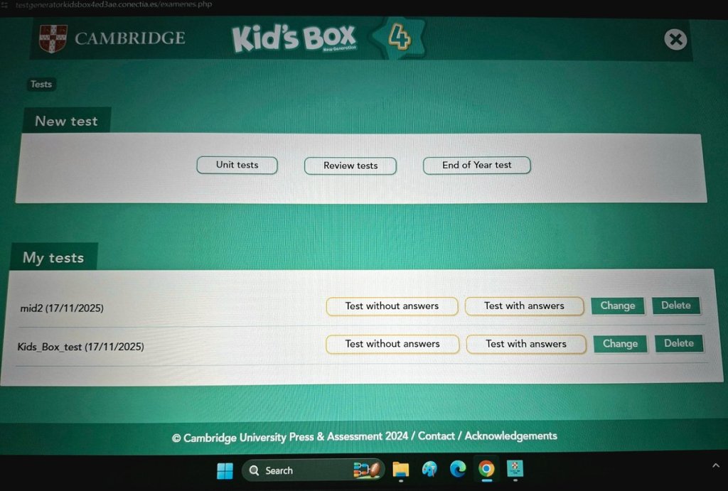 Kids Box New Generation test generator app showing unit, review, and end of year tests used by teachers for assessment