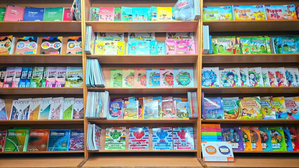 English language teaching books displayed on shelves at Nour El-Sham Bookshop in Damascus, Syria