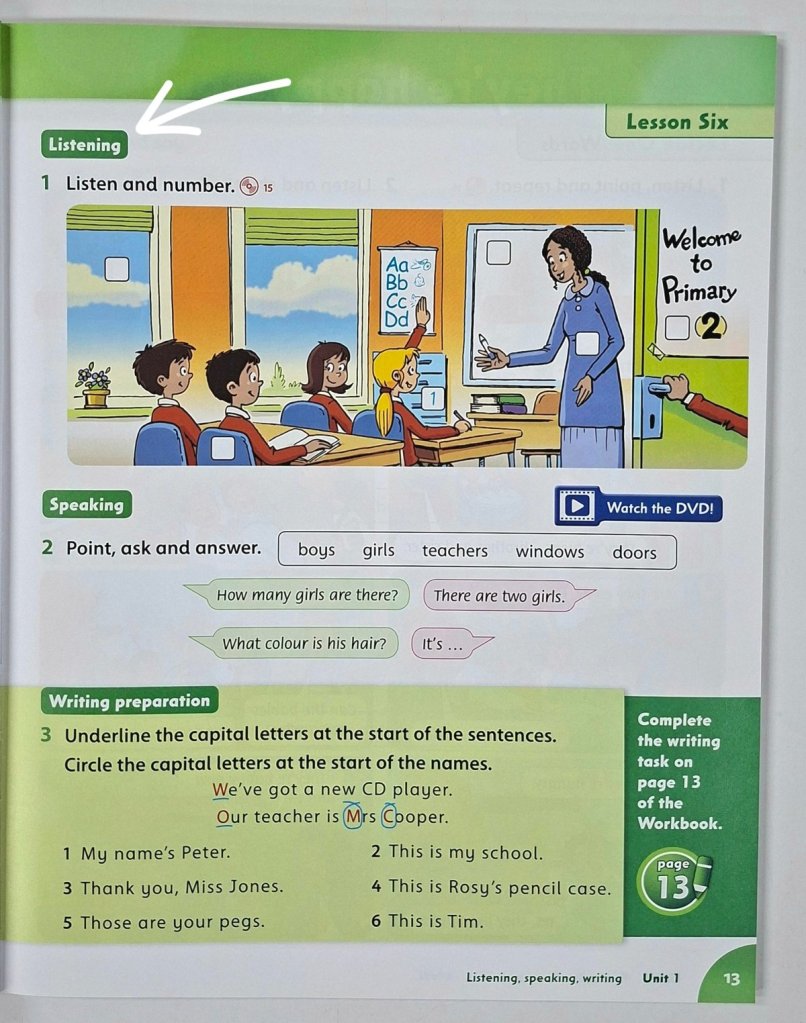 Primary ELT textbook page focusing on listening skills, showing a classroom scene where students listen, identify information, and follow instructions.
