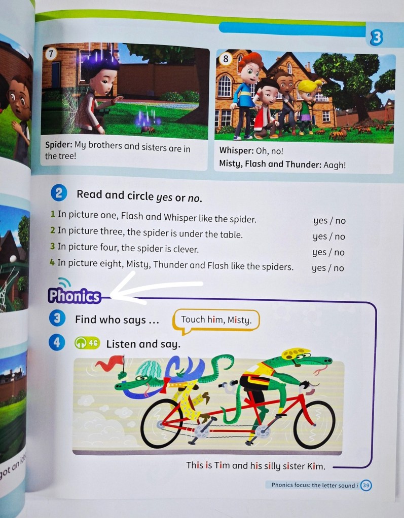 Superminds Level 1 student book phonics activity focusing on the letter sound i with illustrated reading and listening task