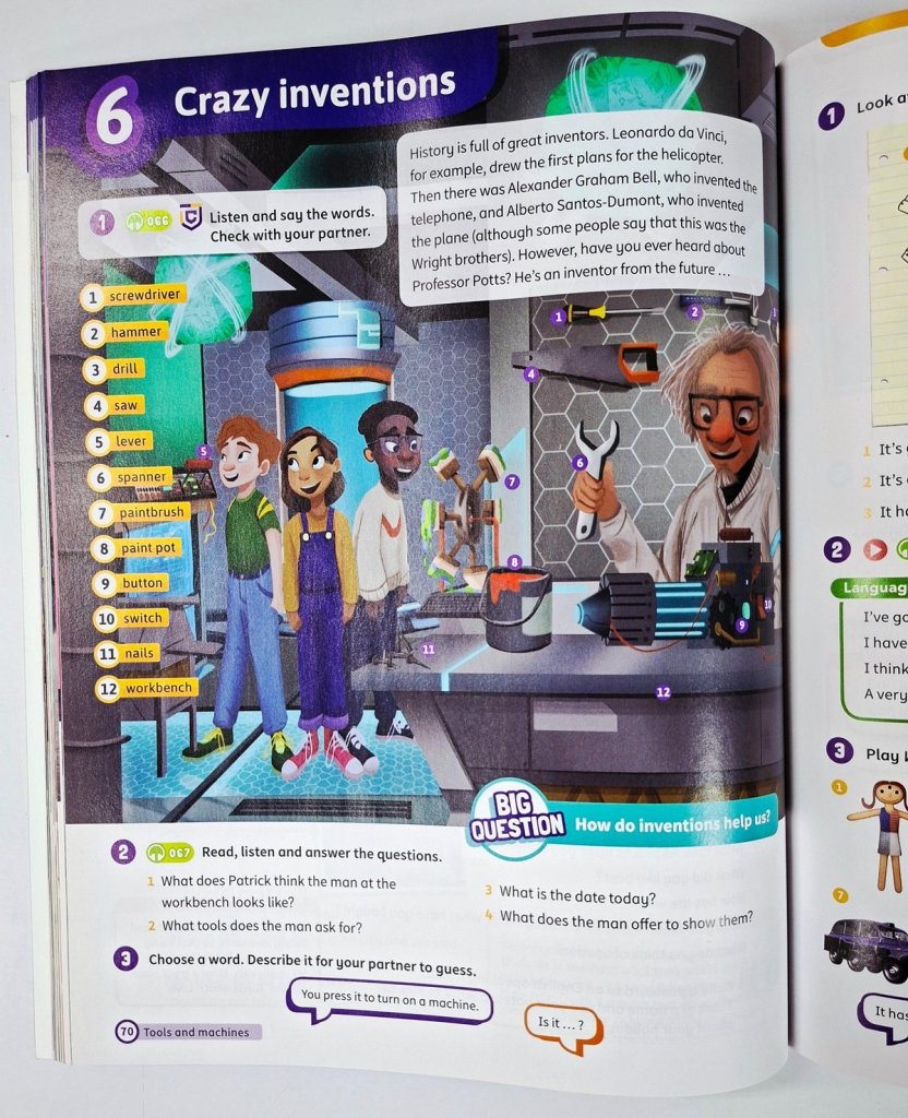 Super Minds New Generation Level 6 vocabulary lesson about tools and inventions with illustrated word study