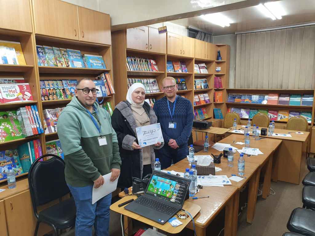 “Special guest Mrs. Hanadi Sheikho receiving a certificate of appreciation alongside Mr. Walid (presenter) and Ahmad Jmaiel (Nouresham marketing manager) during the January 2026 Teachers’ Space session.”